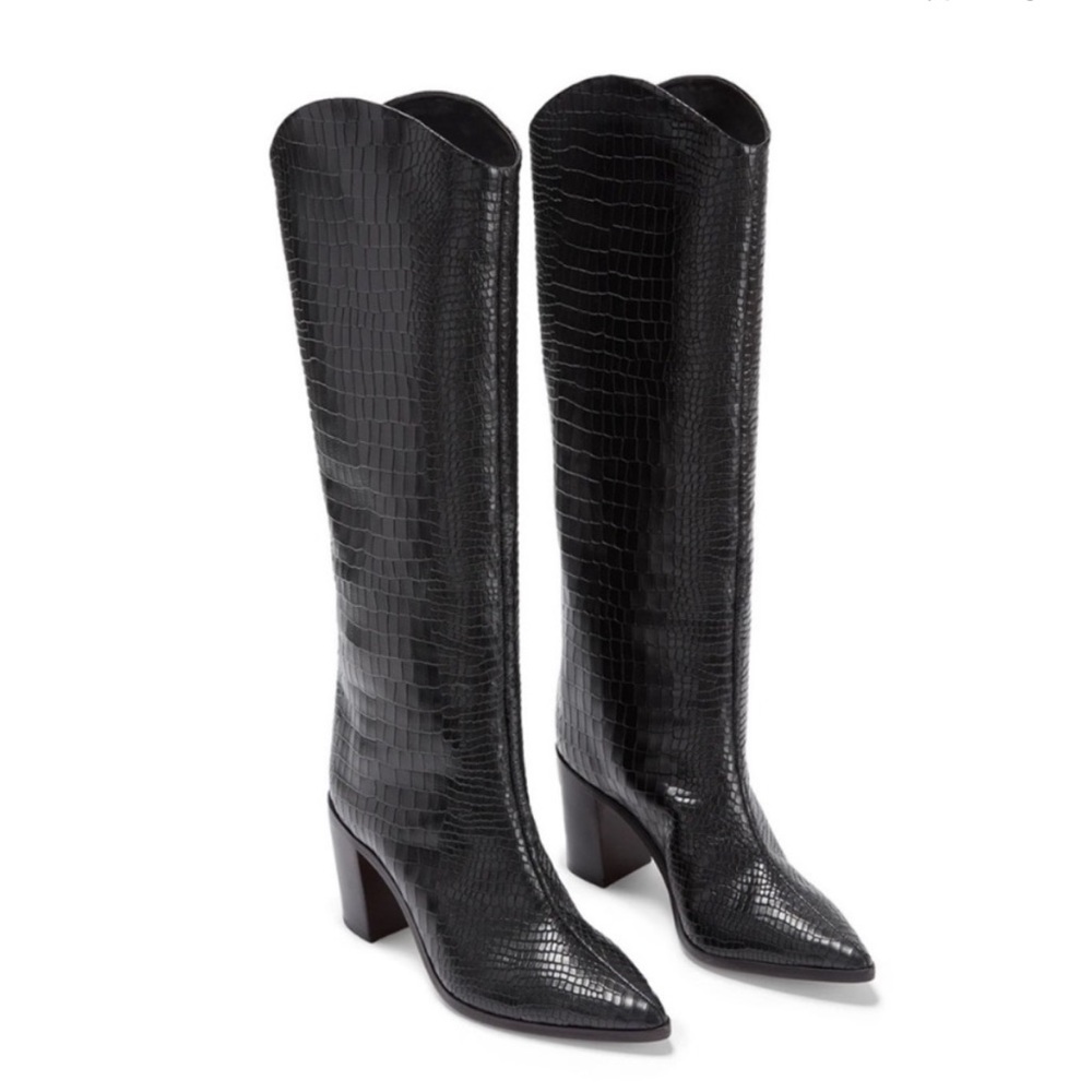 Schutz Analeah Black Crocodile Embossed Leather Tall Western Boots